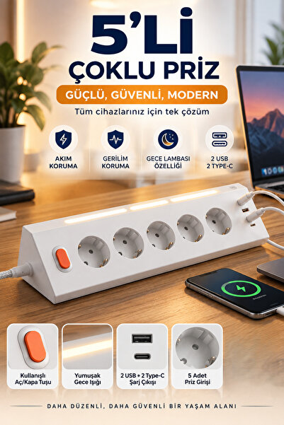 MATECHNO 5'Lİ Gece Lambalı Priz Akım Gerilim Korumalı Çoklu Priz 2XUSB 2XType...