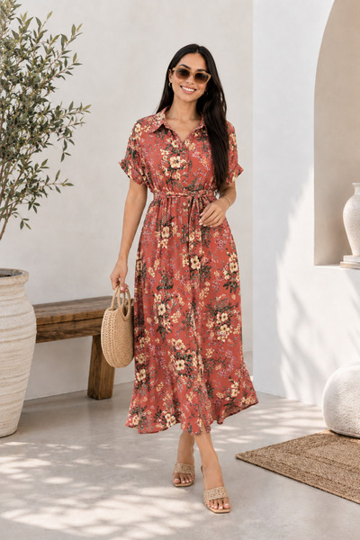 msm fashion Kadın Elbise Uzun %100 Viskon Desenli Düğmeli Kısa Kollu Kuşaklı ...