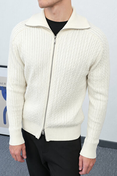 İLKCET MODA Hair Braid Ecru Wide Collar Double Zipper Premium Cardigan