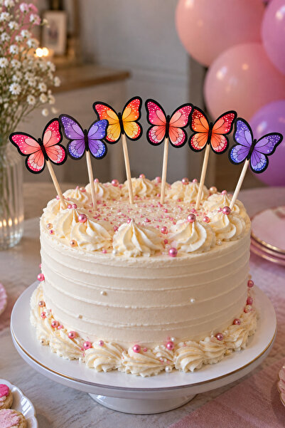 Baloncu Nene Butterfly Cake Decoration 6 Pieces Cardboard Cupcake and Cake To...