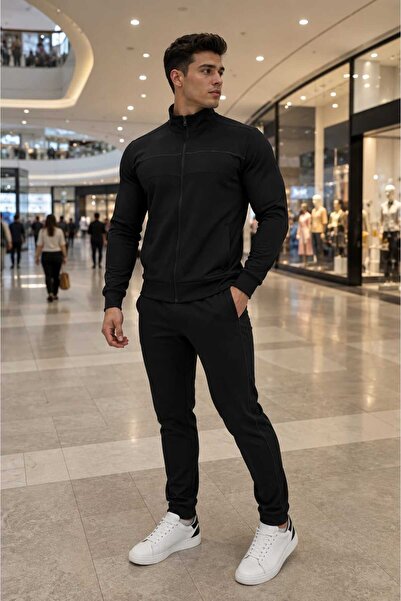 Genel Markalar Erkek Büyük Beden Eşofman Takımı 2XL-5XL Siyah Dalgıç Kumaş
