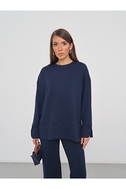 sea milano Women's Navy Blue Slit Detailed Modal Fabric Oversize Tunic Long S...