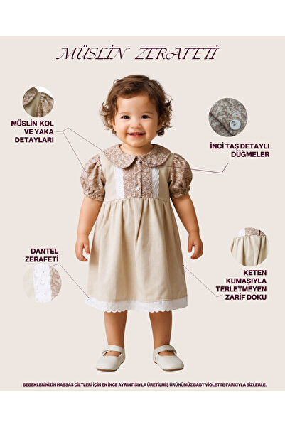 Bebedexs plus 100% Cotton Linen Fabric Muslin Sleeve Collar Detail Baby Dress...