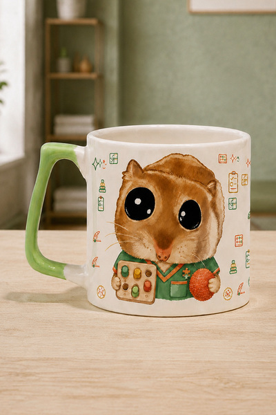 Kırtasiye Ofisi Sad Üzgün Hamster Ergoterapist Baskılı Yeşil Kulplu Prime Kupa