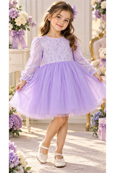 BES TREND Rochie de seara pentru fete, cu maneca lunga si model, cu fundita