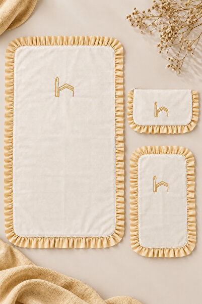 ZİLCA HOME 3’lü Nakışlı Cep Seccade Seti 70x120 cm – Gold Fırfırlı Seccade, İ...
