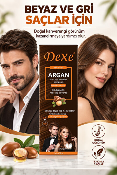 Dexe Argan Özlü Hızlı Saç Boyama Şampuanı Doğal Kahverengi 420 ml – 20 Dakikada %100 Beyaz Kapatma