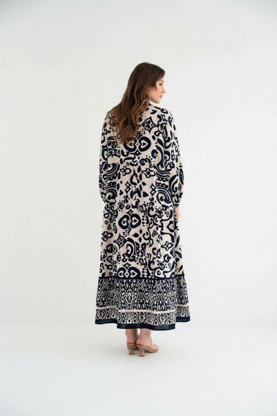 I BIZA Ethnic Patterned Maxi Dress Long Balloon Sleeves Gathered Fuchsia Ecru Layered Loose Viscose Dress