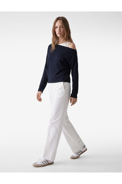Koton Slim Fit Viskon Karışımlı Asimetrik Yaka Uzun Kollu Katmanlı Tişört