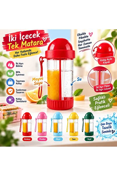 DURUBOX Twin Glass Çift Bölmeli Pipetli Çocuk Suluğu Matara 500 ml (BPA İçermez)