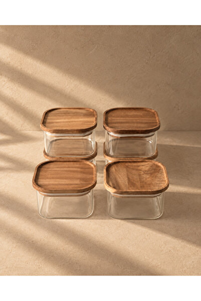 Dekorzdükkan 6-Piece Square Acacia Vacuum Lid Borosilicate Glass Breakfast Set
