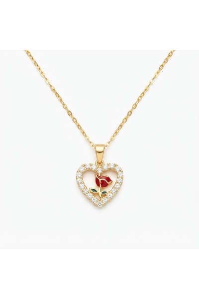 Siya Silver Zircon Stone Heart Red Rose Design Steel Necklace - Gift Boxed