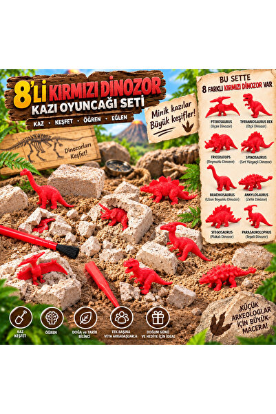 AZİZ OYUNCAK 8 Pieces Red Dinosaur Excavation Kit Science Activity Activity S...