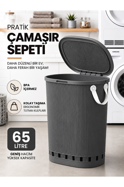 Buclee Stil 65 Lt Antrasit Geniş Hacimli Hava Alan Delikli Kapaklı Kirli Sepe...