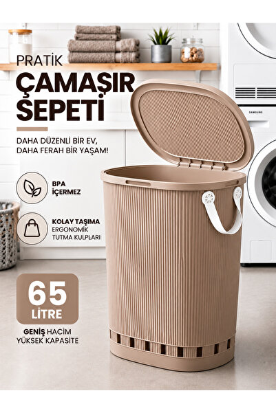 Buclee Stil 65 Lt Geniş Hacimli Hava Alan Delikli Kapaklı Kirli Sepeti Plasti...
