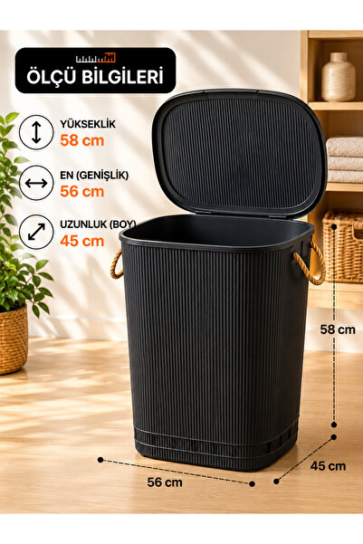 Buclee 65 Lt Hava Delikli Halat Kulplu Çamaşır Sepeti - Çizgili Desen Kapaklı...