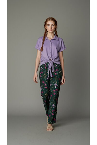 I BIZA Combed Cotton Pajama Set with Front Buttoned Tie Detail, Lilac Shirt T...