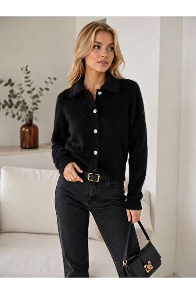 Bysenby Yumoş Stylish Buttoned Black Women's Cardigan