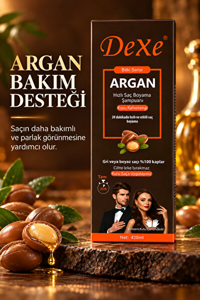 Dexe Argan Özlü Hızlı Saç Boyama Şampuanı Koyu Kahverengi 420 ml – 30 Dakikada %100 Beyaz Kapatma