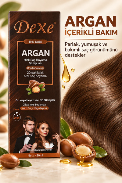 Dexe Argan Özlü Orta Kahverengi Saç Boyama Şampuanı 420 ml – 20 Dakikada %100 Beyaz Kapatma