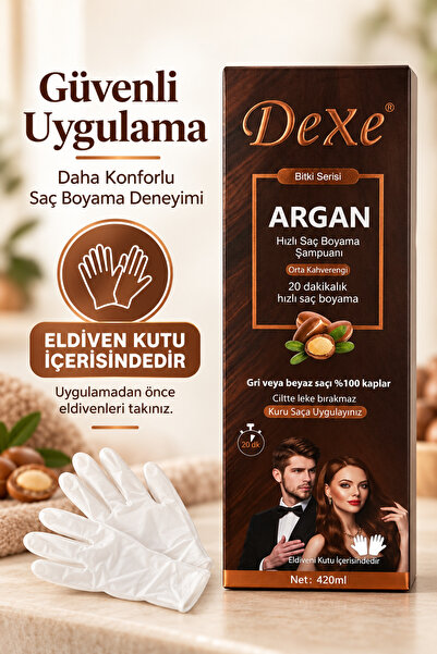 Dexe Argan Özlü Orta Kahverengi Saç Boyama Şampuanı 420 ml – 20 Dakikada %100 Beyaz Kapatma