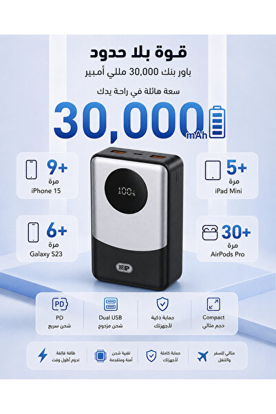 SP باور بانك بقدرة 30000 مللي أمبير مع 22.5 وات PD و3 منافذ USB ومنفذين PD وش...