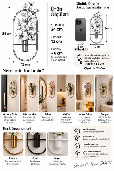 VENON 1 ADET || 12 X 24 ESKİTME MİNİ BOY Elips Mini Boy Kapı Girişi Duvar Çiçeklik Metal Çiçeklik Metal Tablo Hol Antre Balkon Teras Çiçek Tutucu Duvar Süsü Saksılık Yapay Çiçek Duvar Vazosu Duvar Dekoru