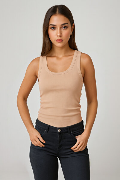 MİO ESTİLO Women's Wide Strap Ribbed Knit Corded Fabric Beige Athlete – Novelle