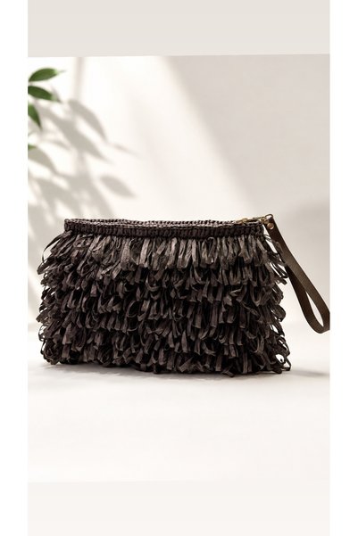 WOMANBAG Handmade Wicker Tassel Detail Leather Clutch Handbag (35X20Cm) Brown