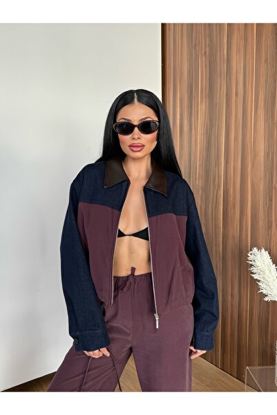 LB Laluna Butik Kadın Deri Yaka Kol Denim Detaylı Ceket Ve Pantolon Takım