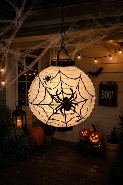 Patladı Gitti Halloween 20 cm Led Işıklı Örümcek Desenli Beyaz Renk Kağıt Jap...
