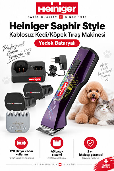 Heiniger Saphir Style Mor Kablosuz Kedi Köpek Tıraş Makinesi - Yedek Bataryalı