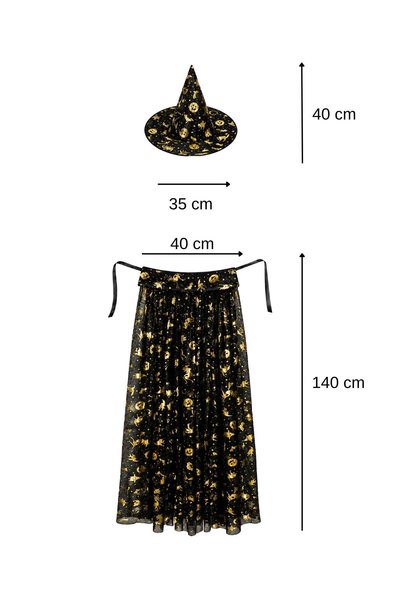 Patladı Gitti Halloween Cadılar Bayramı Gold Desenli Cadı Şapka ve Pelerin Set
