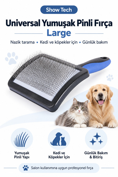 Showtech Universal Yumuşak Pinli Kedi Köpek Hassas Tarama Fırçası Büyük Boy