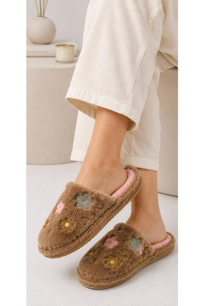 FEMME FATALE Flower-Patterned Soft Plush Women's House Slippers