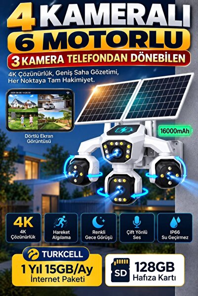 TRCharger 4 Kameralı 3 Kamerası Döner PTZ 20MP Güneş Enerjili 4G Güvenlik Kam...