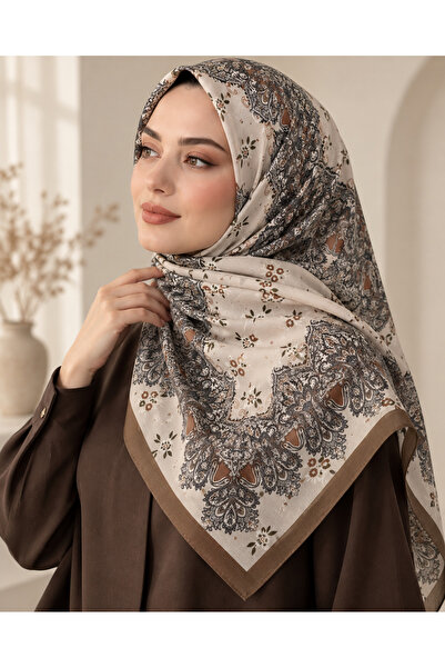 mim eşarp Ebruli Soft Pamuklu Etnik Desen Eşarp 140x140 cm