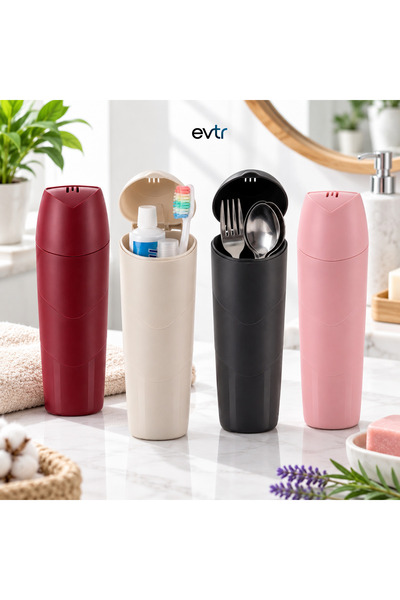 EVİMİST Kapaklı Diş Fırçalık Ve Çatal Kaşık Saklama Kabı Seyahat Tipi Taşınab...