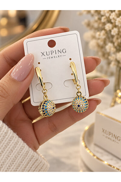 XUPING JEWELRY İdilce Takı Nazar Boncuklu Sallantılı Küpe - 14K Altın Renk Çe...