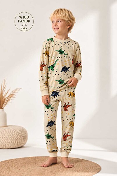 ROSAMİNA Erkek Çocuk %100 Pamuk Bej Dinazor Desen Pijama Takımı