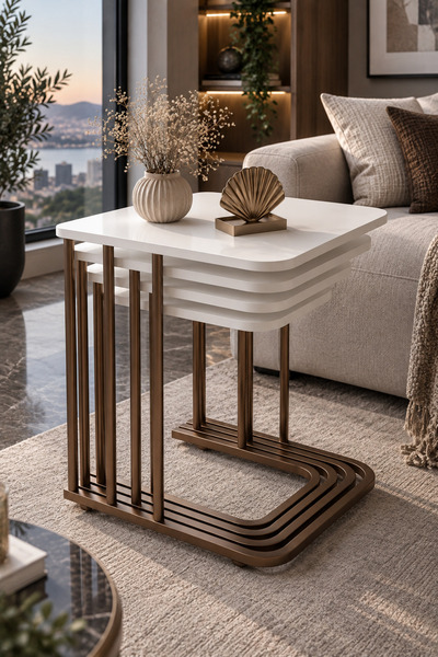 home plus mobilya 4'lü Tekerlekli Zigon Sehpa Bonj Ayak Beyaz Tabla