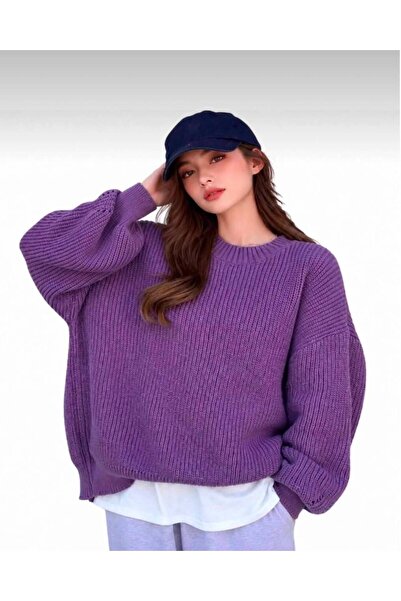 Kırlangıç Moda Purple Oversized Crew Neck Women's Knitwear Sweater