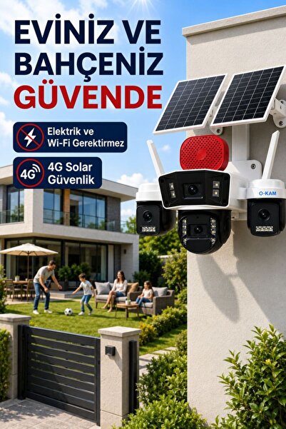O-KAM OK335B Premium Serisi 12MP 4 Kameralı 4G Çift Solar Panel Gece Görüş 1Yıl internet+128gb Hafıza kartı
