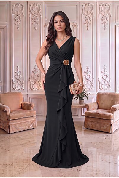 ALFUDO Moda Collection Kadın Kruvaze Yaka Önü Volanlı Gold Taşlı Siyah Kadın ...