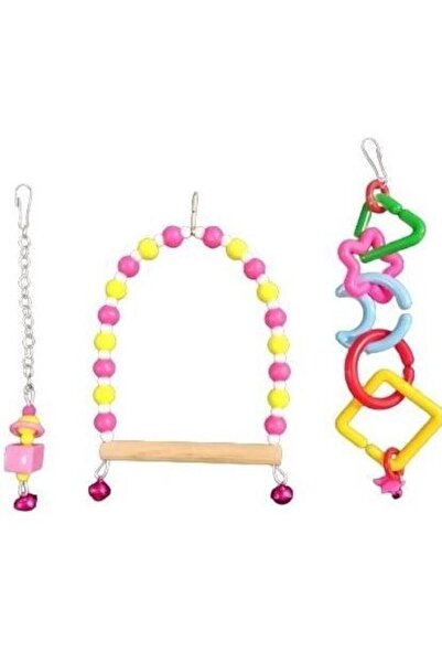 TUĞRA PET MARKET Muhabbet Kuşu , Kuş Salıncağı , Kuş Zili , Halkalı Oyuncak Ve Salıncak Seti Renkli Pembe Set