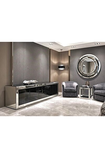 LUXURY VİLLA LUXURY GÜMÜŞ AYNALI SIYAH CAMLI 5 KAPAKLI DEKORATİF TV SEHPASI 2...