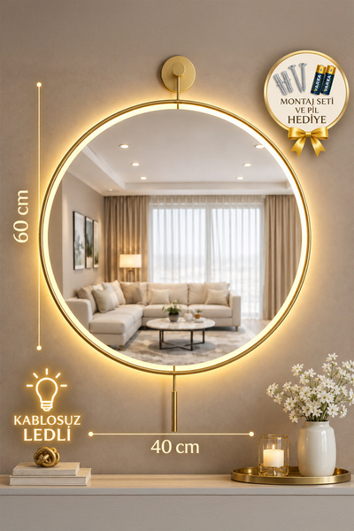 Wallover Design Gold Orjinal Metal Led'li Lüks Duvar Aynası - İdeal Boy 40x55...