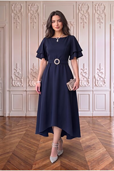 ALFUDO Moda Collection Kuşaklı Katlı Kollu Midi Elbise Kombini