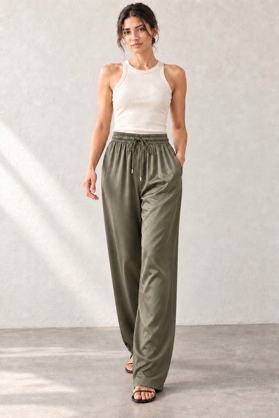FAARKCOLLECTİON Women's Oil Green High Waist Satin Trousers