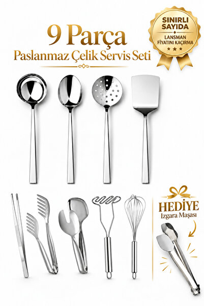 NAZLIM 9 Parça Paslanmaz Çelik Servis ve Hazırlık Seti – Patates Ezici, Cımbı...